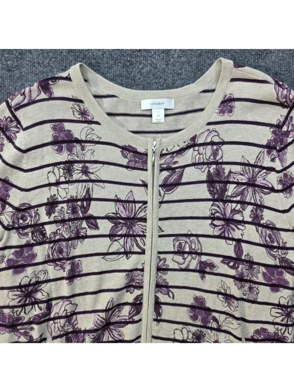CJ Banks Floral Stripe Full Zip Cardigan 2X Cotton Purple Cottagecore Romantic